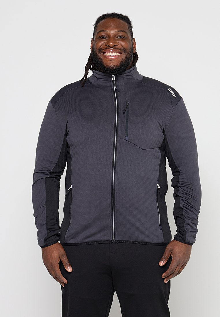 Schwarze Herren-Jacke mit Reißverschluss, mit strukturierter Oberfläche, tailliertem Design, einer Reißverschluss-Brusttasche und Seitentaschen, mit kontrastierenden Ärmeln.
