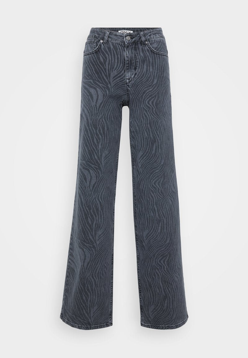 Weite Jeans aus dunklem grauen Denim mit einem strukturierten Zebra-Streifen-Muster, fünf Taschen und einem Knopfverschluss.
