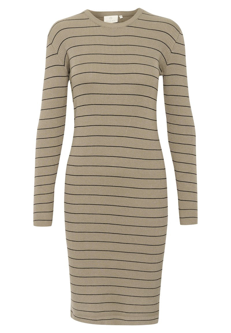 Beiges Strickkleid mit schwarzen horizontalen Streifen. Verfügt über lange Ärmel, einen runden Halsausschnitt und eine figurbetonte Silhouette.