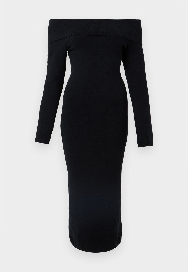Schwarzes schulterfreies Langarmkleid mit figurbetonter Silhouette, knielang, aus dehnbarem Stoff, glatte Textur ohne Muster.