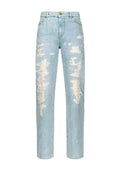 Hellblaue Denim-Jeans mit hoher Taille, geradem Bein und abgenutzten Details, die ausgefranste Patches und Ausbleichungen aufweisen.