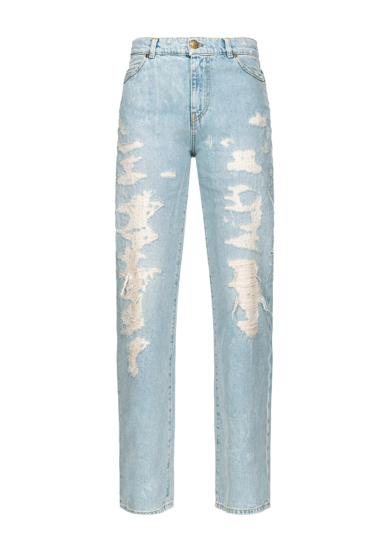 Hellblaue Denim-Jeans mit hoher Taille, geradem Bein und abgenutzten Details, die ausgefranste Patches und Ausbleichungen aufweisen.