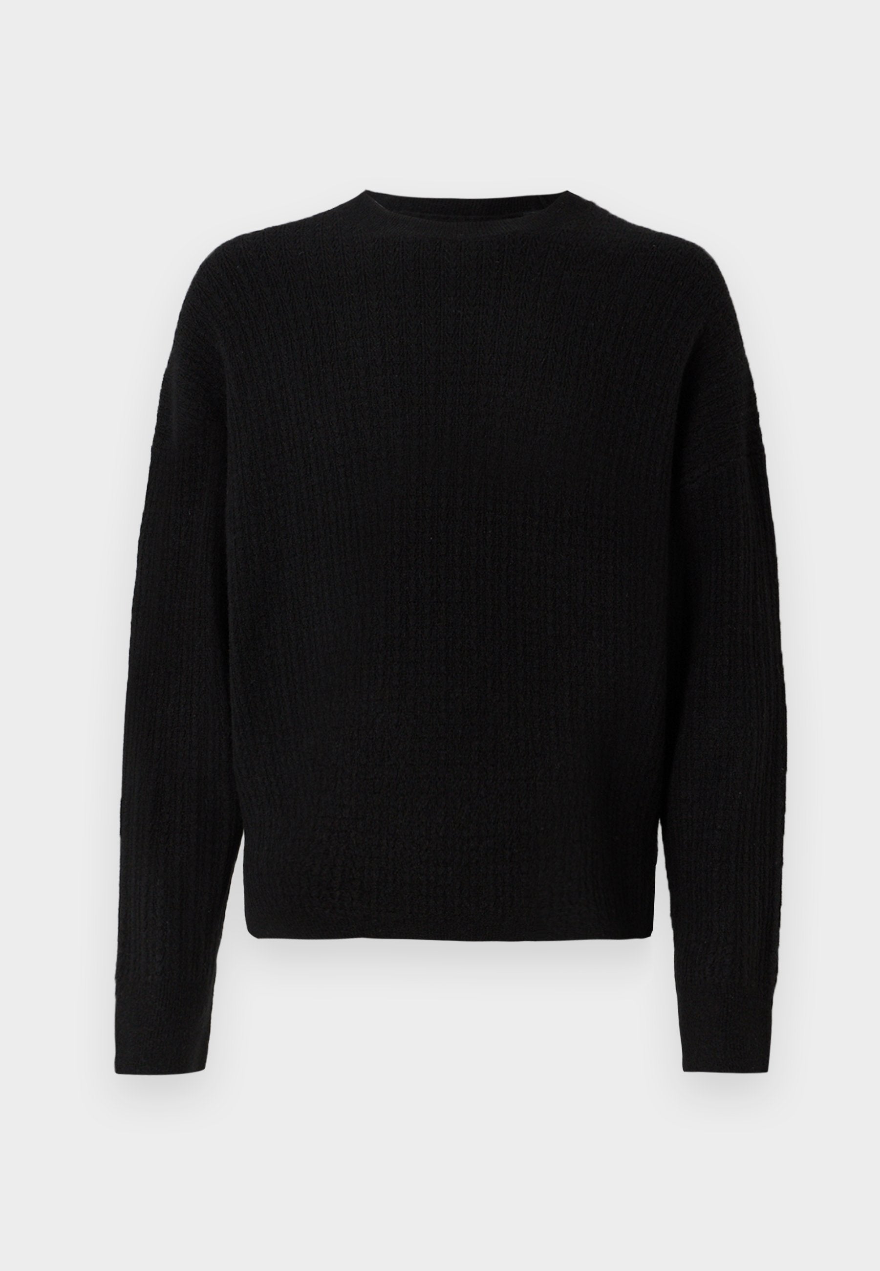 Schwarzer Strickpullover mit rundem Hals, langen Ärmeln und gerippter Textur. Schlichtes Design, dickes Material und leicht lockere Passform.