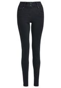 Schwarz-hohe Skinny-Jeans mit doppeltem Knopfverschluss, Vorder- und Gesäßtaschen sowie Gürtelschlaufen.