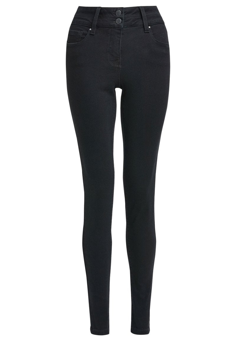 Schwarz-hohe Skinny-Jeans mit doppeltem Knopfverschluss, Vorder- und Gesäßtaschen sowie Gürtelschlaufen.
