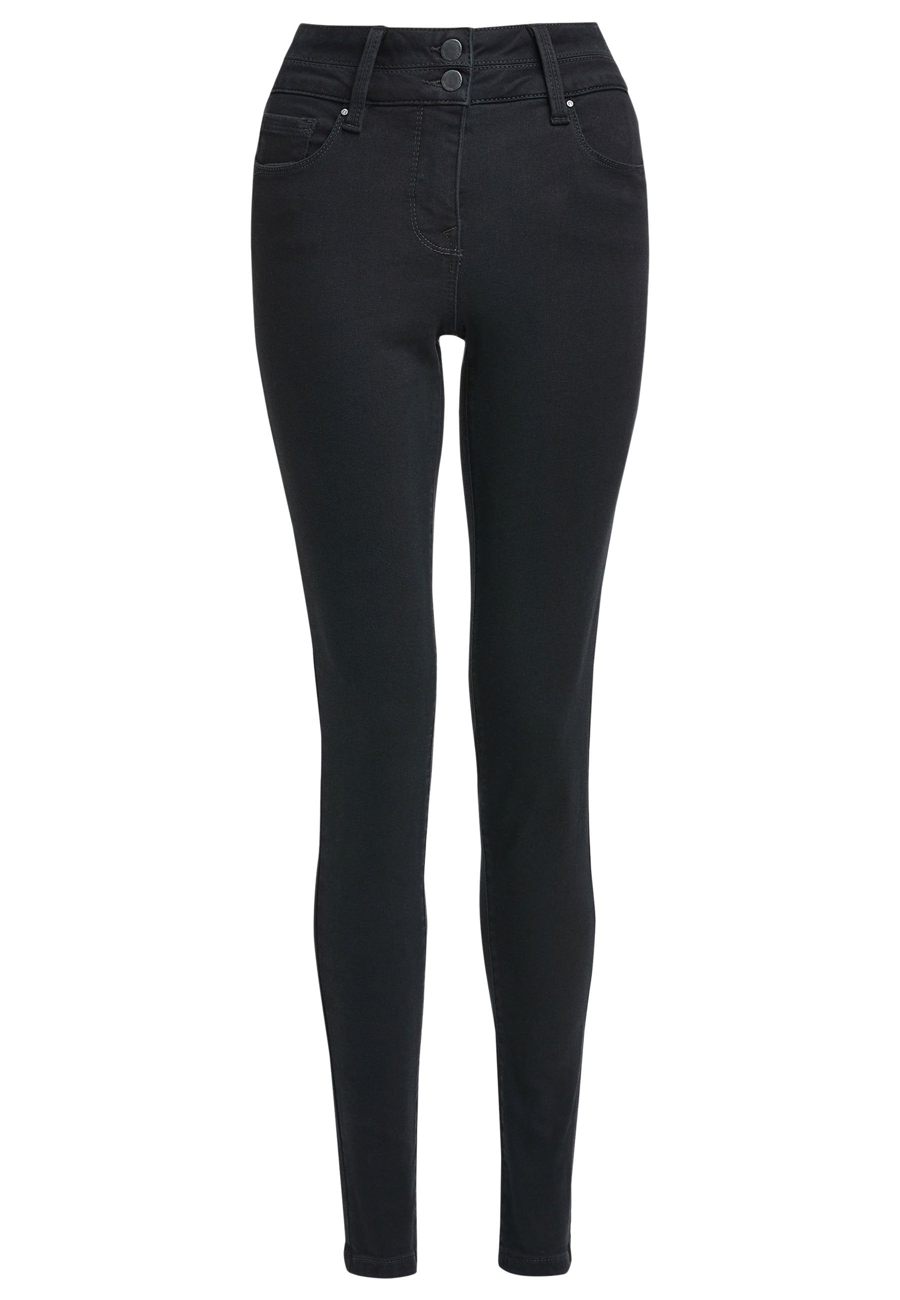 Schwarz-hohe Skinny-Jeans mit doppeltem Knopfverschluss, Vorder- und Gesäßtaschen sowie Gürtelschlaufen.