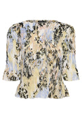 Bluse mit floralem Muster und Puffärmeln, aus strukturiertem Stoff in Pastellgelb, Schwarz und Blau, mit einem gerafften Saum.