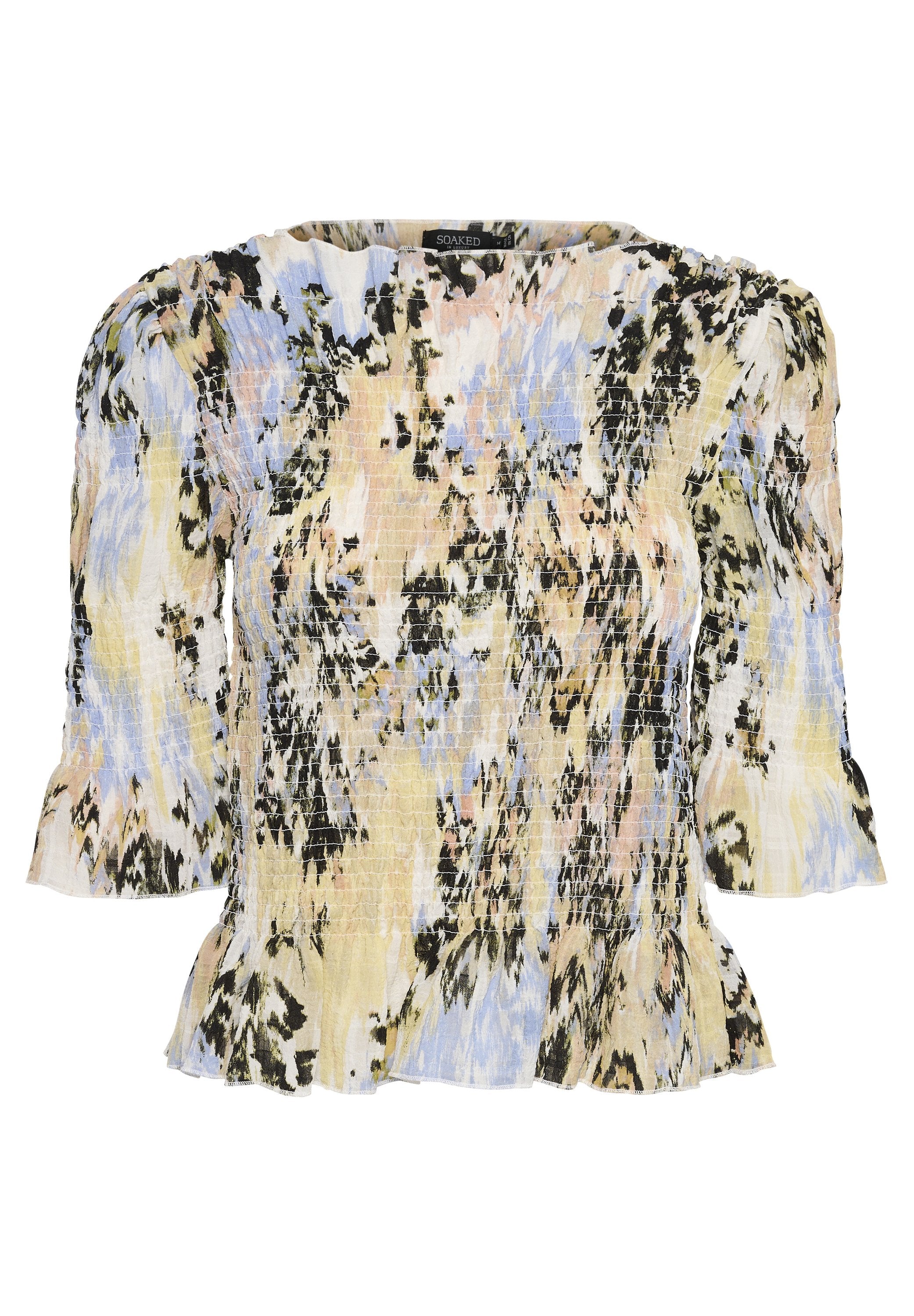 Bluse mit floralem Muster und Puffärmeln, aus strukturiertem Stoff in Pastellgelb, Schwarz und Blau, mit einem gerafften Saum.
