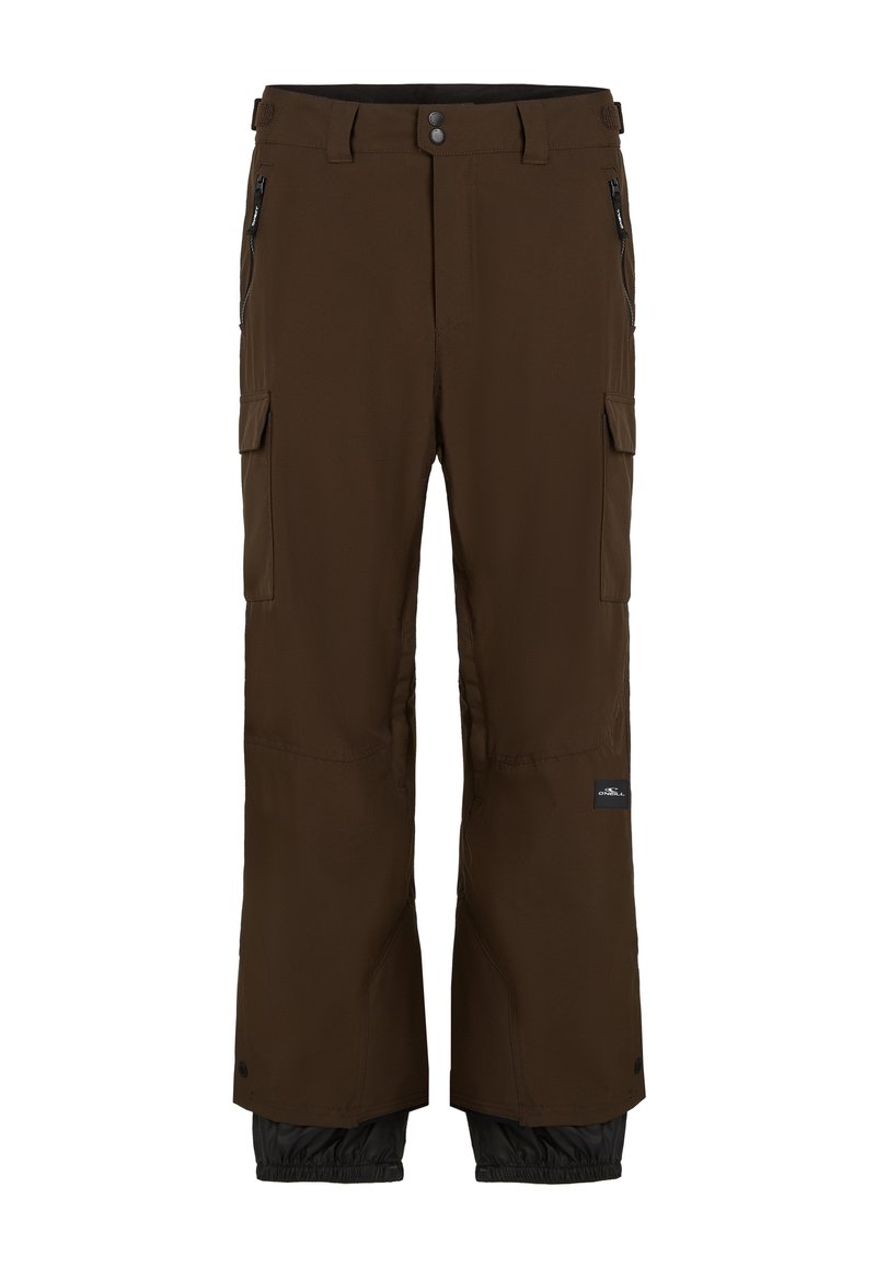 Braune wasserdichte Hose mit schwarzen Akzenten. Verfügt über Cargo-Taschen, eine mit Reißverschluss gesicherte Tasche und elastische Bündchen. Hergestellt aus strapazierfähigem Material.