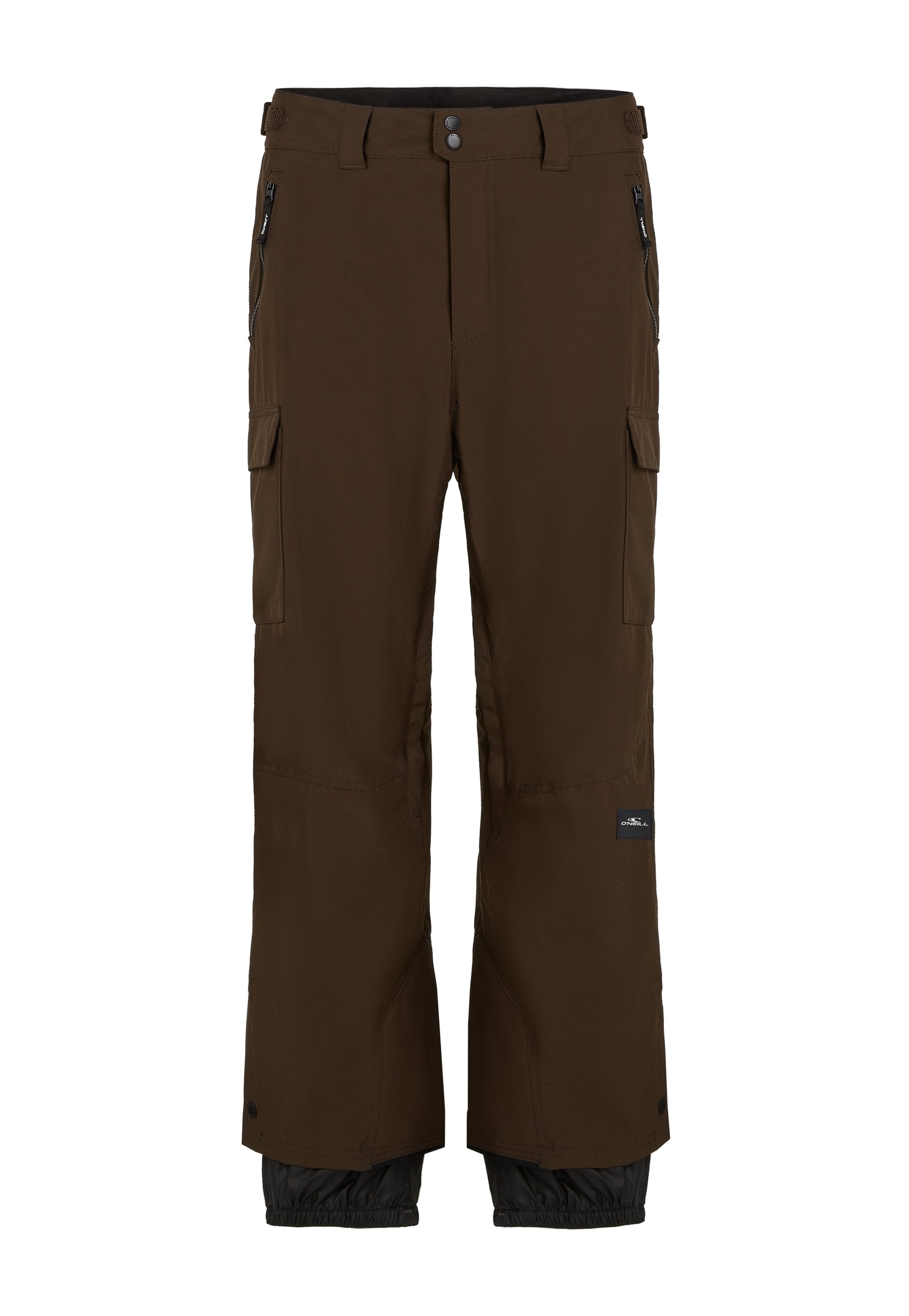 Braune wasserdichte Hose mit schwarzen Akzenten. Verfügt über Cargo-Taschen, eine mit Reißverschluss gesicherte Tasche und elastische Bündchen. Hergestellt aus strapazierfähigem Material.