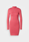 Enganliegendes Langarmkleid in leuchtendem Pink, aus glattem Stoff, mit hohem Kragen und minimalistischer Logodetail am Ausschnitt.