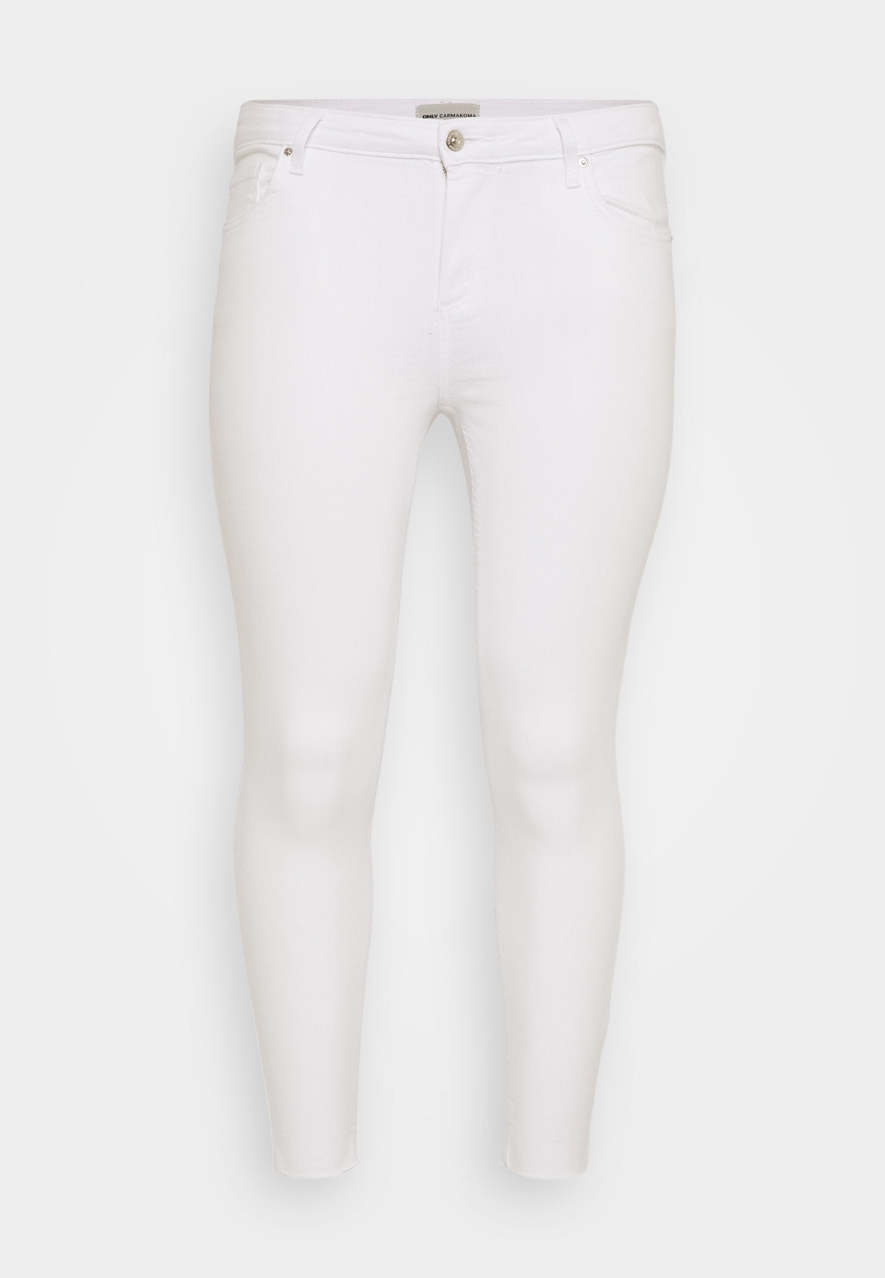 Weiße, schmale Jeans aus Denim mit glatter Textur. Verfügt über ein klassisches Fünf-Taschen-Design und einen Metallknopfverschluss.
