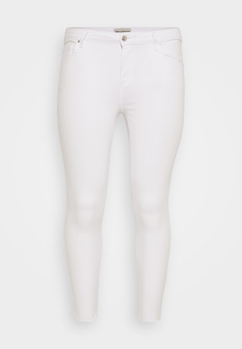 Weiße, schmale Jeans aus Denim mit glatter Textur. Verfügt über ein klassisches Fünf-Taschen-Design und einen Metallknopfverschluss.