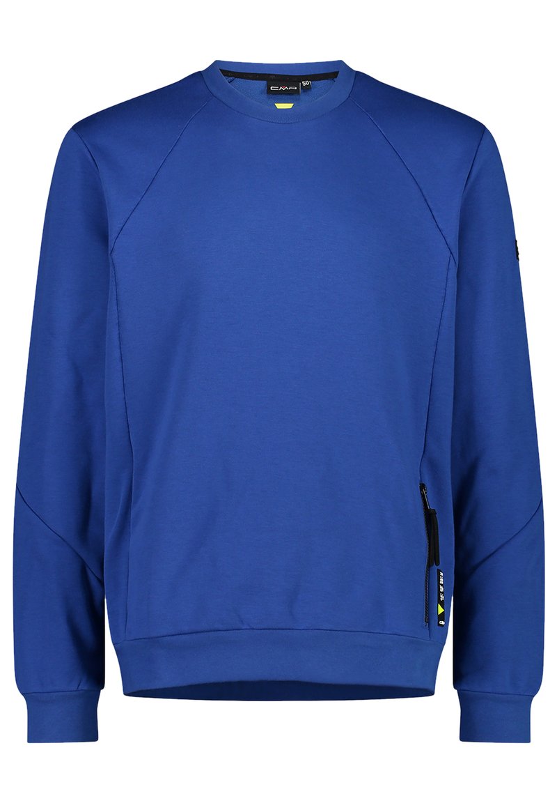 Blaues Langarm-Crewneck-Sweatshirt mit einer Reißverschlusstasche an der unteren Seite und dezentem Nahtdesign an den Ärmeln.