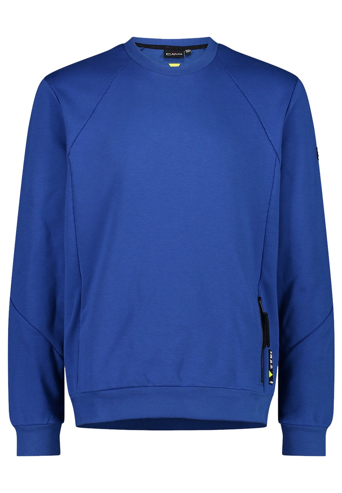 Blaues Langarm-Crewneck-Sweatshirt mit einer Reißverschlusstasche an der unteren Seite und dezentem Nahtdesign an den Ärmeln.