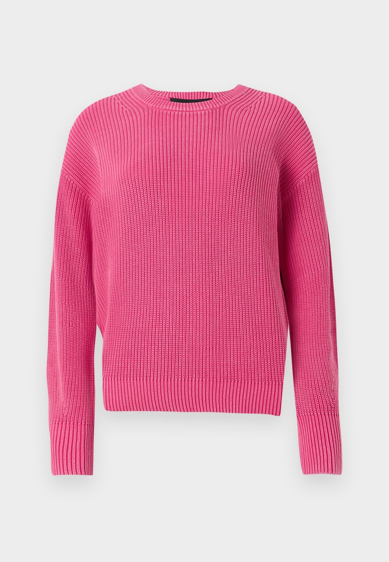 Rosa, gestrickter Pullover mit rundem Halsausschnitt, langen Ärmeln und gerippter Textur. Das Design hat einen leicht verkürzten Schnitt.