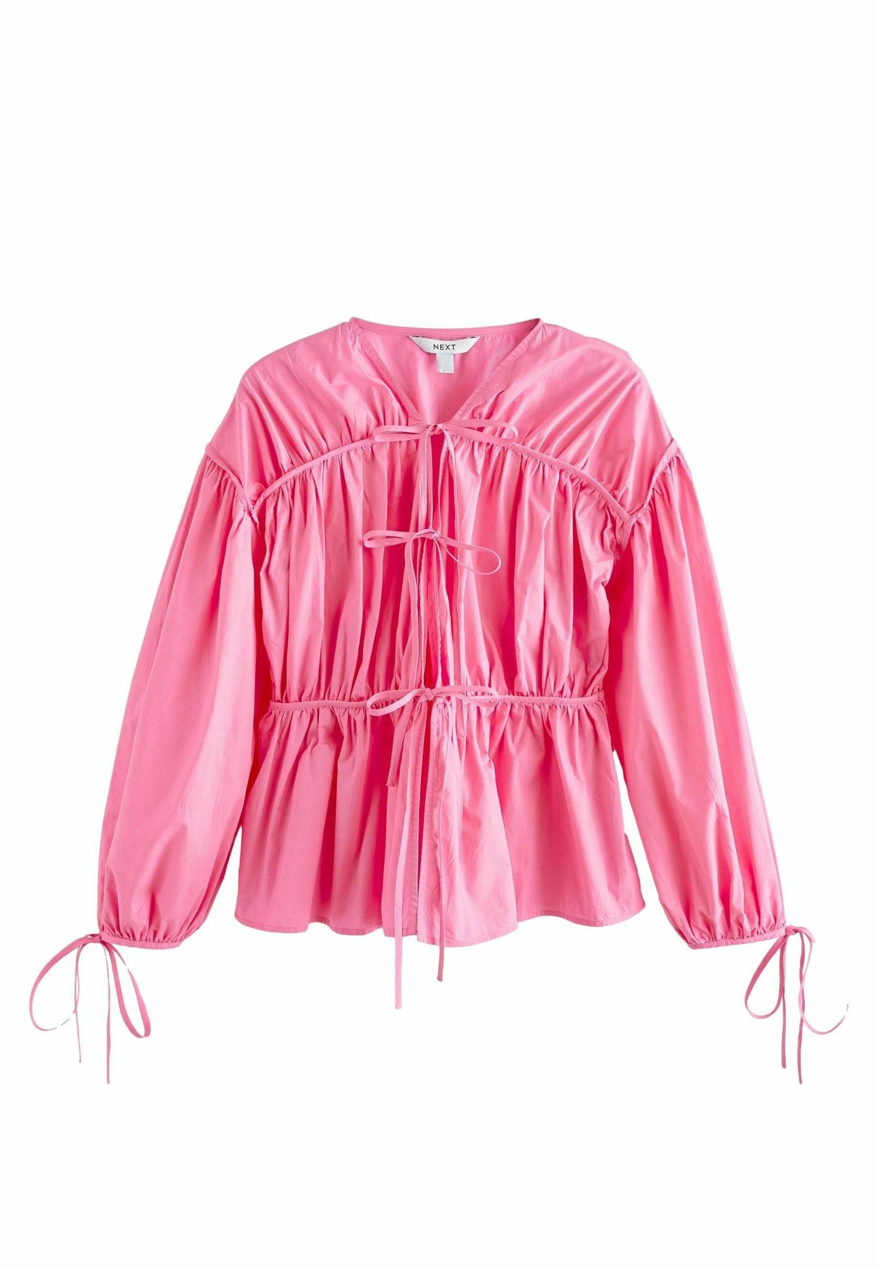 Rosa Bluse mit Puffärmeln aus glattem Stoff, mit einem gerafften Oberteil mit Kordelzug und elastischen Bündchen mit Bändern.