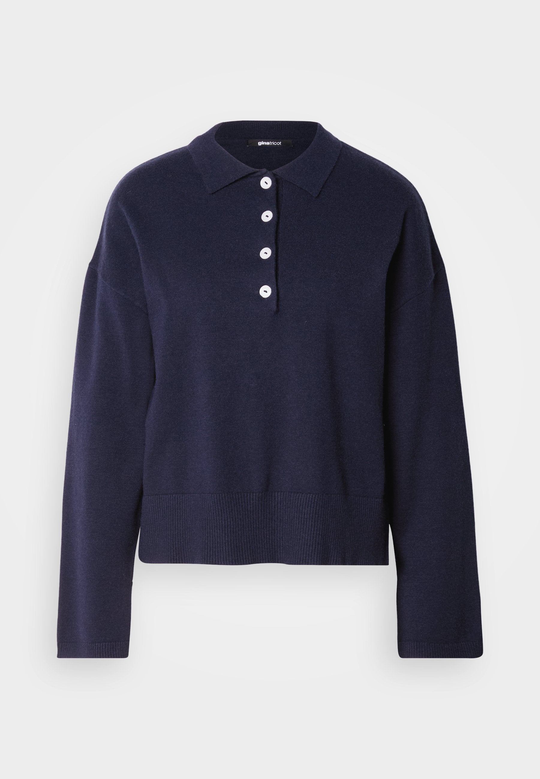 Marineblauer Strickpullover mit einem Kragen-Ausschnitt, fünf weißen Knöpfen und geripptem Saum. Verfügt über lange Ärmel und eine lockere Passform.