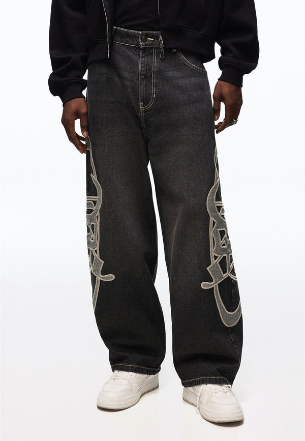 Bershka PATCH - JEANS - Loose Jeans - black