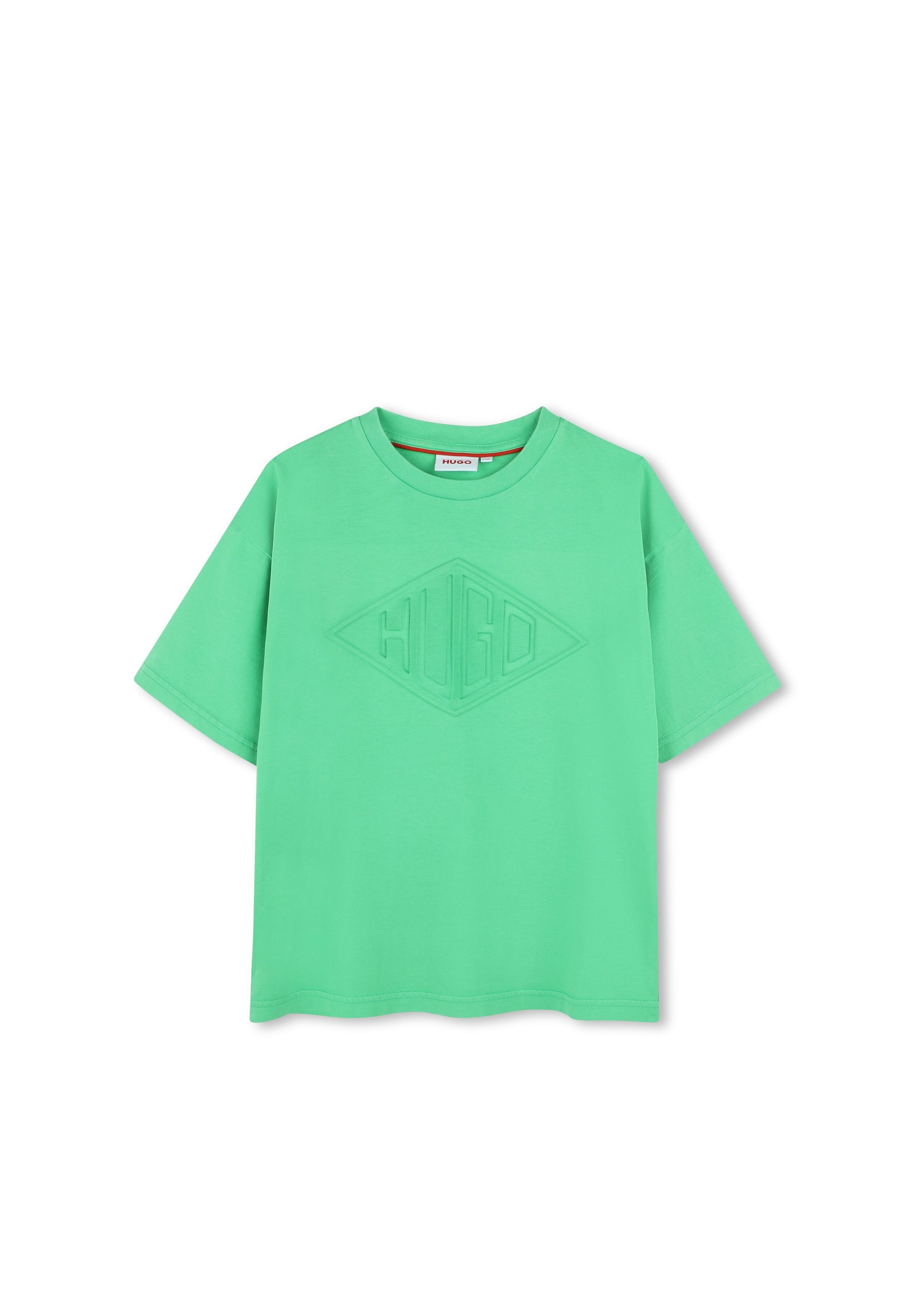 Grünes Baumwoll-T-Shirt mit lockerer Passform, das in der Mitte ein strukturiertes Diamant-Logo zeigt. Rundhalsausschnitt und kurze Ärmel.