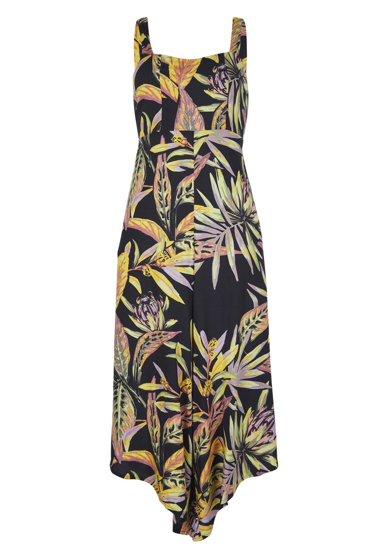 Ärmelloses schwarzes Kleid mit gelben, lila und grünen tropischen Blatt- und Blumenmustern, das über einen quadratischen Ausschnitt und breite Träger verfügt.