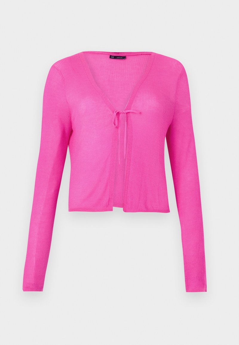 Gerippter, verkürzter Cardigan in leuchtendem Pink mit langen Ärmeln und V-Ausschnitt, der eine vordere Bindeschleife für den Verschluss aufweist.