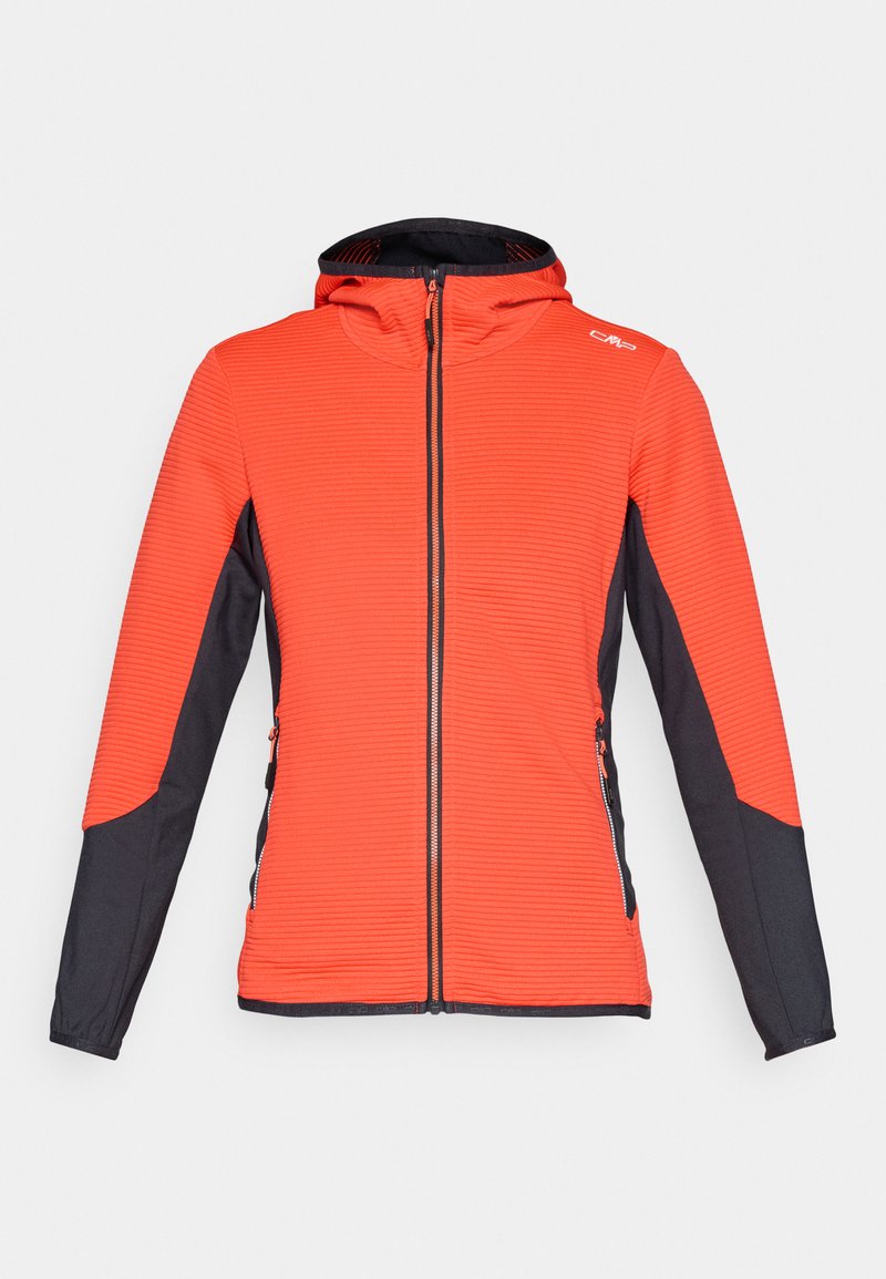 Rote und schwarze Zip-Hoodie mit gerippter Textur, taillierter Passform, verstellbare Kapuze und seitlichen Taschen. Mit kontrastierenden Ärmeln und Nähten.