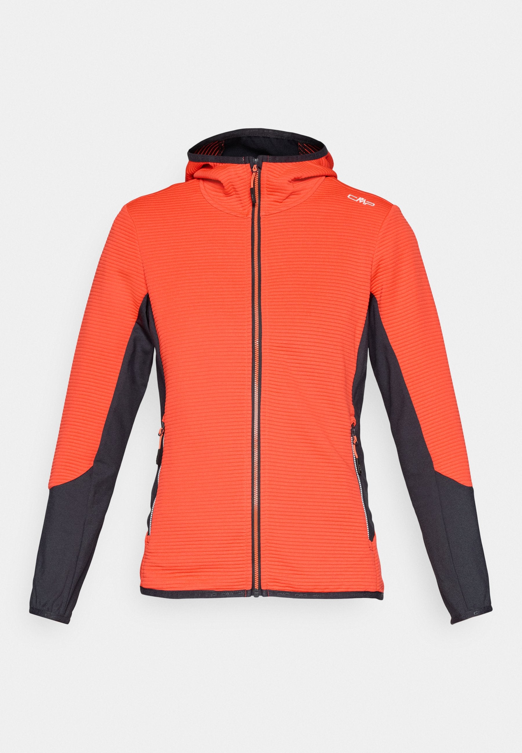 Rote und schwarze Zip-Hoodie mit gerippter Textur, taillierter Passform, verstellbare Kapuze und seitlichen Taschen. Mit kontrastierenden Ärmeln und Nähten.