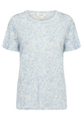Helles blaues T-Shirt mit kurzen Ärmeln und Blumenmuster. Hergestellt aus weichem Stoff, mit rundem Ausschnitt und lässiger Passform.