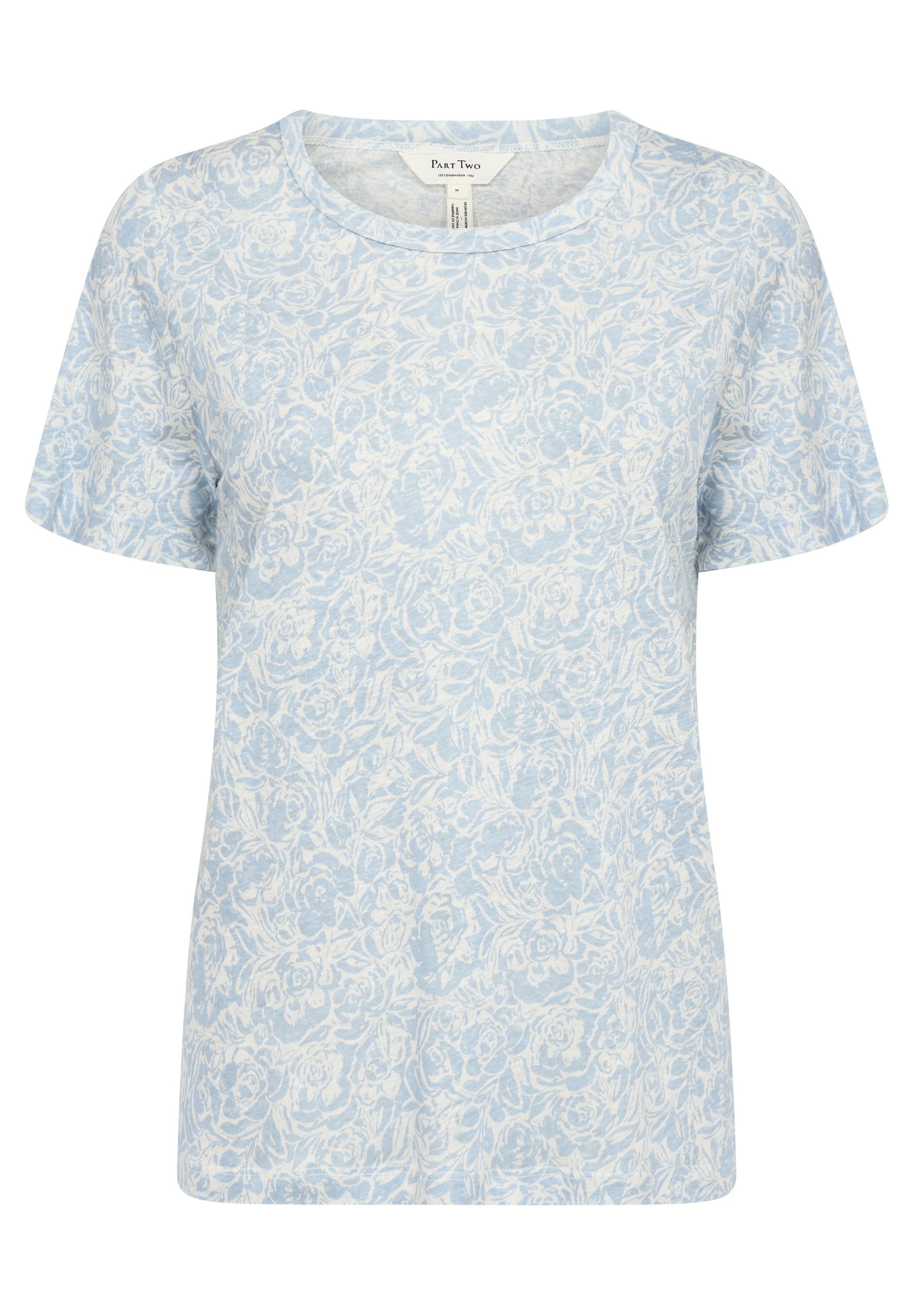 Helles blaues T-Shirt mit kurzen Ärmeln und Blumenmuster. Hergestellt aus weichem Stoff, mit rundem Ausschnitt und lässiger Passform.