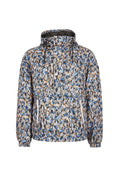 Leichte Kapuzenjacke mit einem blau, braun und schwarz abstrakten Muster, halbseitigem Reißverschluss, elastischen Bündchen und zwei vorderen Reißverschlusstaschen.
