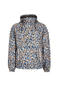 Leichte Kapuzenjacke mit einem blau, braun und schwarz abstrakten Muster, halbseitigem Reißverschluss, elastischen Bündchen und zwei vorderen Reißverschlusstaschen.