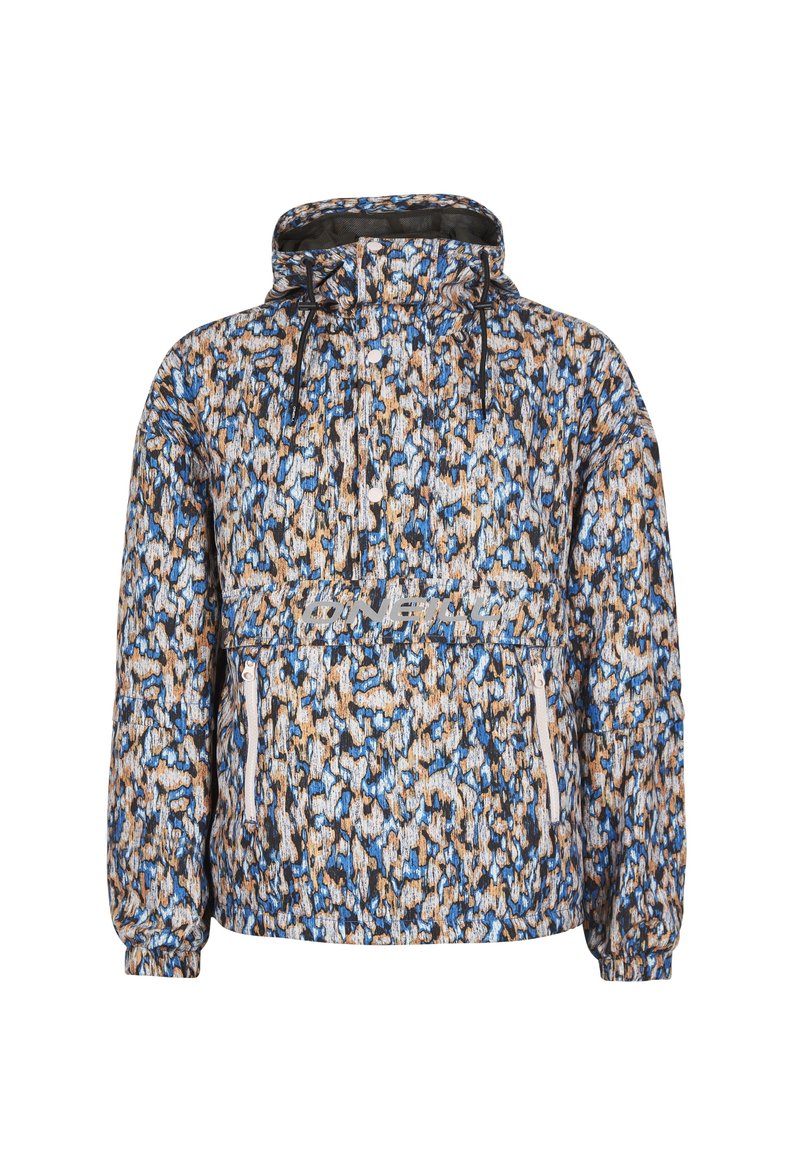 Leichte Kapuzenjacke mit einem blau, braun und schwarz abstrakten Muster, halbseitigem Reißverschluss, elastischen Bündchen und zwei vorderen Reißverschlusstaschen.