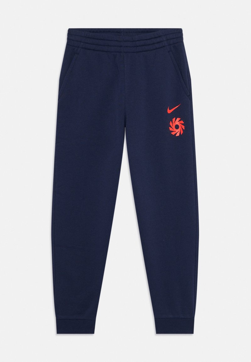Marineblaue Sweatpants mit elastischem Bund, Seitentaschen, gerippten Bündchen und orangefarbenem Nike-Logo und Grafik am rechten Oberschenkel.
