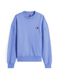 Hellblauer Pullover mit geripptem Rundhalsausschnitt, überschnittenen Schulternähten und einem kleinen Logo-Patch in den Farben Rot, Weiß und Blau.