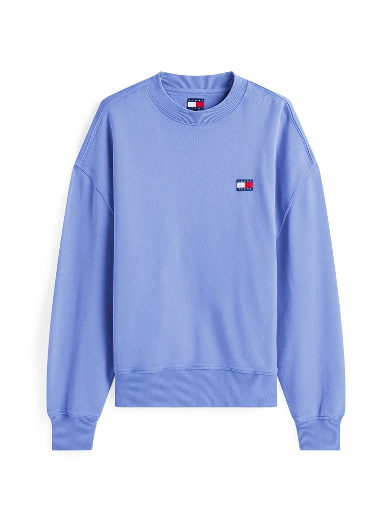 Hellblauer Pullover mit geripptem Rundhalsausschnitt, überschnittenen Schulternähten und einem kleinen Logo-Patch in den Farben Rot, Weiß und Blau.