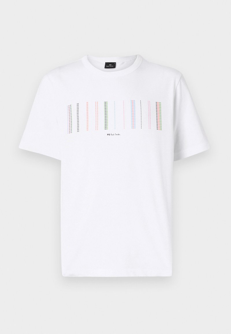 Weißes Baumwoll-T-Shirt mit einem mehrfarbigen Karomuster auf der Vorderseite, darunter befindet sich ein schwarzer Logo-Text. Kurze Ärmel.