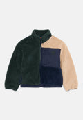 Fleece-Jacke mit einem Farbschema in Grün, Beige und Marineblau. Texturiertes Material mit durchgehendem Reißverschluss und hohem Kragen, inklusive Logodetail.