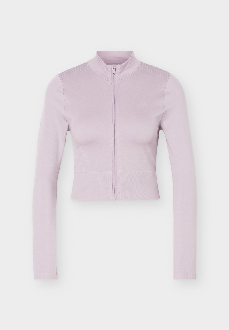 Helllila, langärmelige, kurz geschnittene Reißverschlussjacke mit hohem Kragen und dezenten Nahtdetails auf einfarbigem Hintergrund.