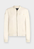 Off-White Bomberjacke mit Frontreißverschluss, gerippten Bündchen, Seitentaschen und kleinen gestickten Aufnähern auf Brust und linkem Ärmel.