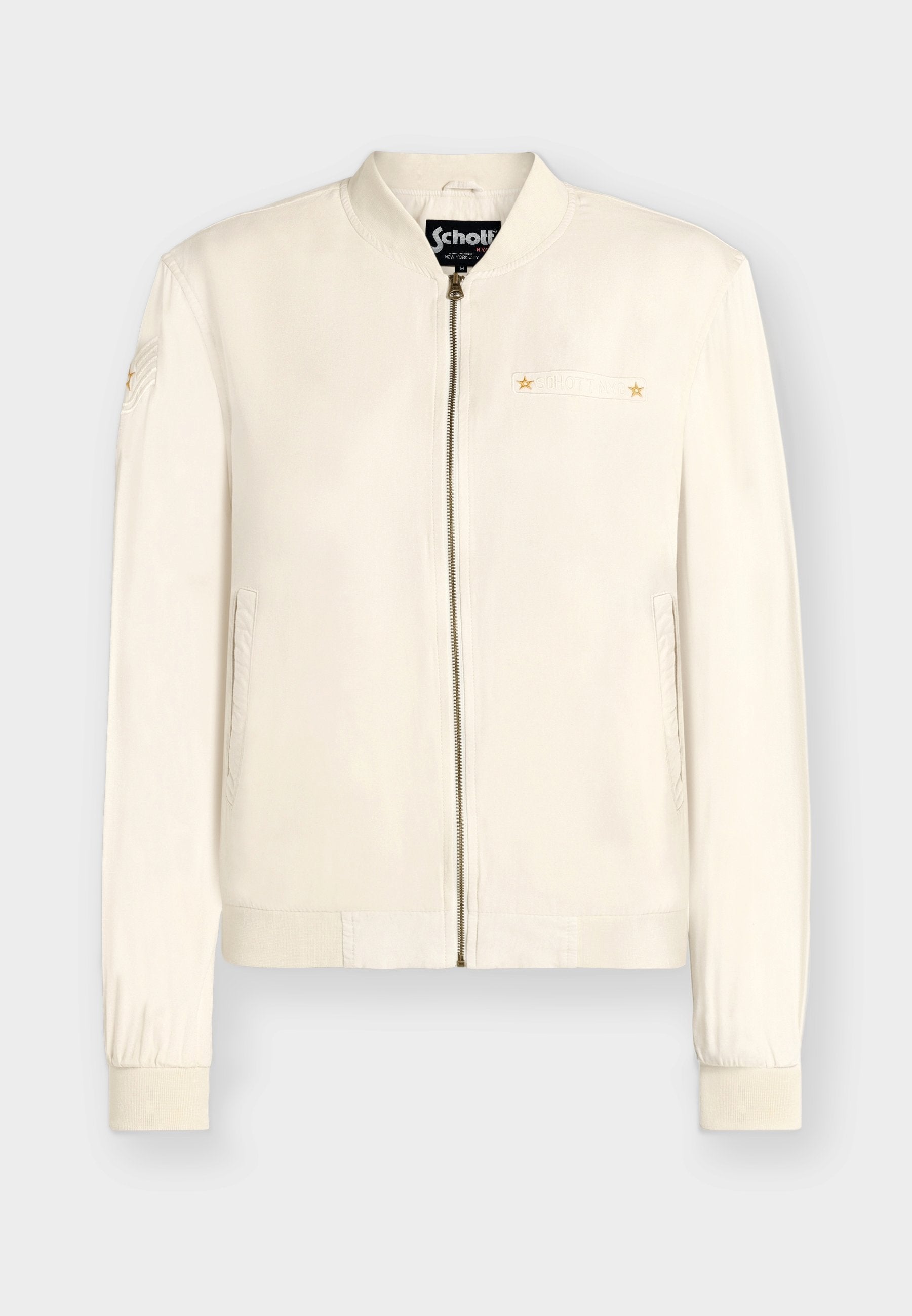 Off-White Bomberjacke mit Frontreißverschluss, gerippten Bündchen, Seitentaschen und kleinen gestickten Aufnähern auf Brust und linkem Ärmel.