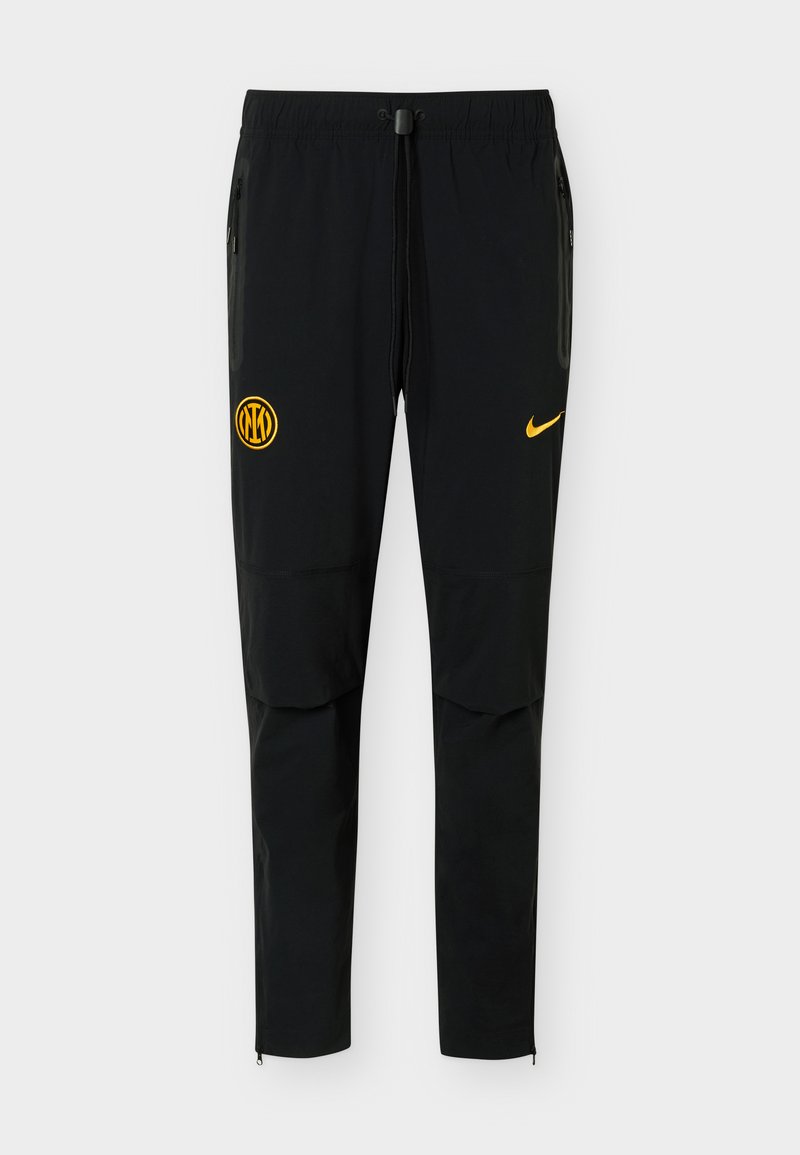 Schwarze Sporthose mit gelbem Nike-Swoosh am rechten Oberschenkel und rundem gelbem INTER Mailand-Logo am linken Oberschenkel, mit Reißverschlusstaschen an den Seiten.