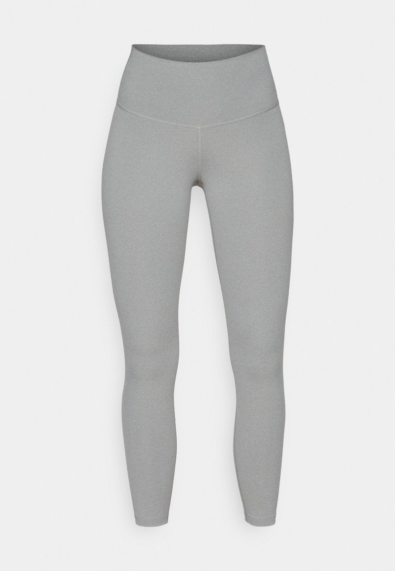 Graue Leggings mit hoher Taille, aus einem glatten, dehnbaren Stoff, eng anliegend und ohne sichtbare Muster oder Akzente.