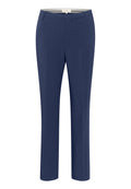 Marineblau maßgeschneiderte Hose mit geradem Bein, aus leichtem Stoff hergestellt. Sie verfügt über eine glatte Textur und einen Reißverschluss mit Knopfverschluss.