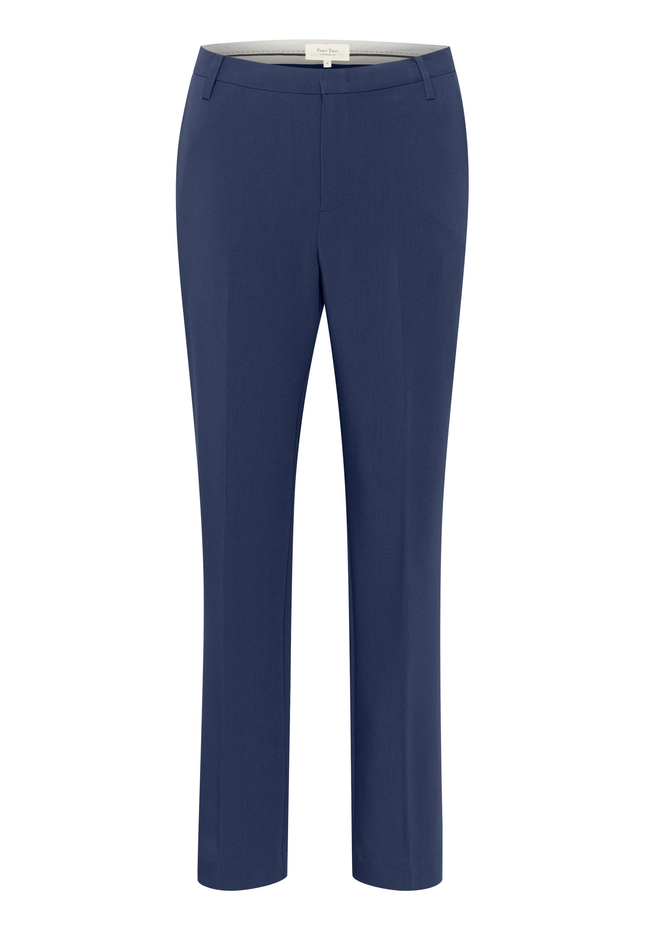 Marineblau maßgeschneiderte Hose mit geradem Bein, aus leichtem Stoff hergestellt. Sie verfügt über eine glatte Textur und einen Reißverschluss mit Knopfverschluss.