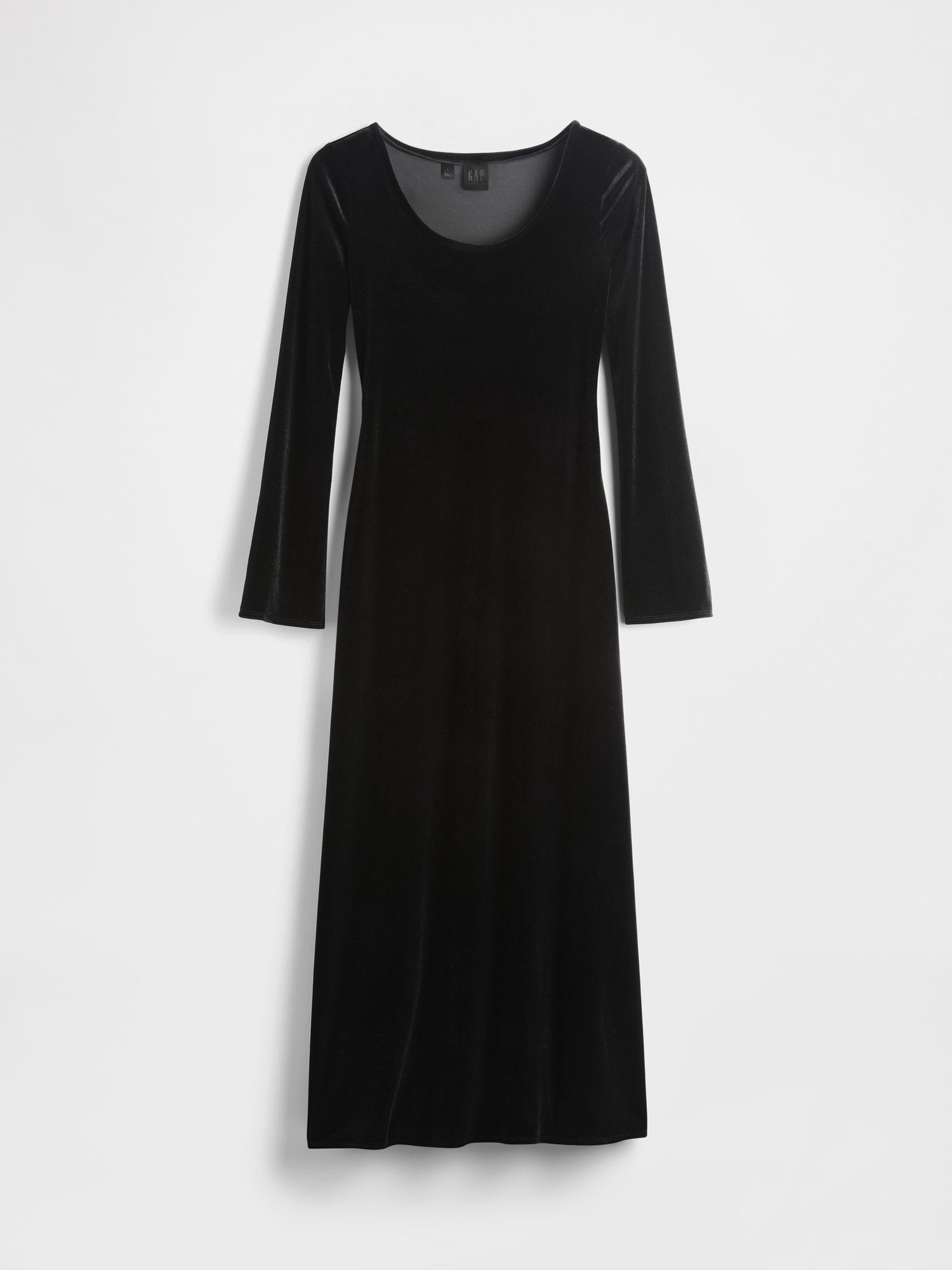Schwarzes Samtkleid mit langen Ärmeln und Rundhalsausschnitt. Verfügt über ein tailliertes Oberteil, eine fließende Silhouette und eine weiche Textur.