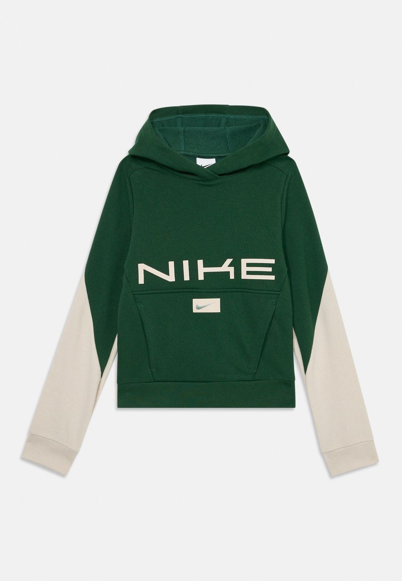 Grüne Kapuzenjacke mit beigen langen Ärmeln, Fronttasche, großem "NIKE"-Logo und kleinem Nike-Swoosh. Sanfte Textur und entspanntes Design.