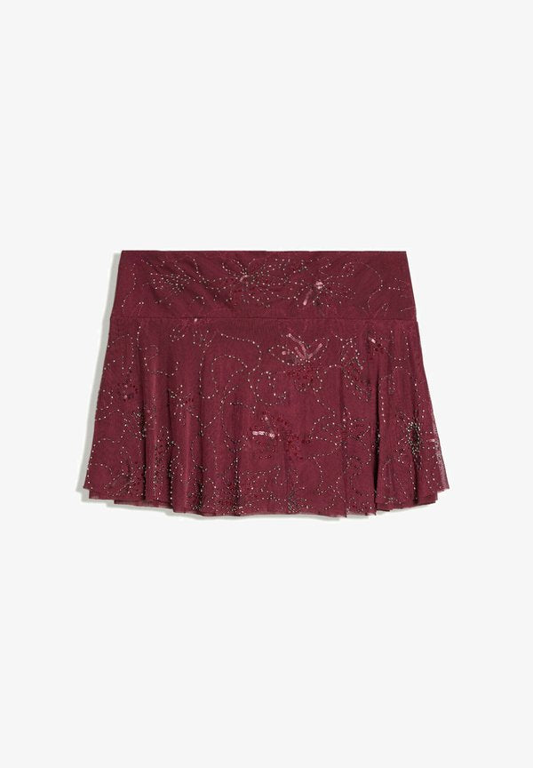 Bershka EMBROIDERED RUFFLED - MINI SKIRT - A-line skirt - dark red