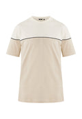 Beige T-Shirt aus Baumwolle mit rundem Halsauschnitt, kurzen Ärmeln und einem schwarzen horizontalen Streifen auf der oberen Brust.