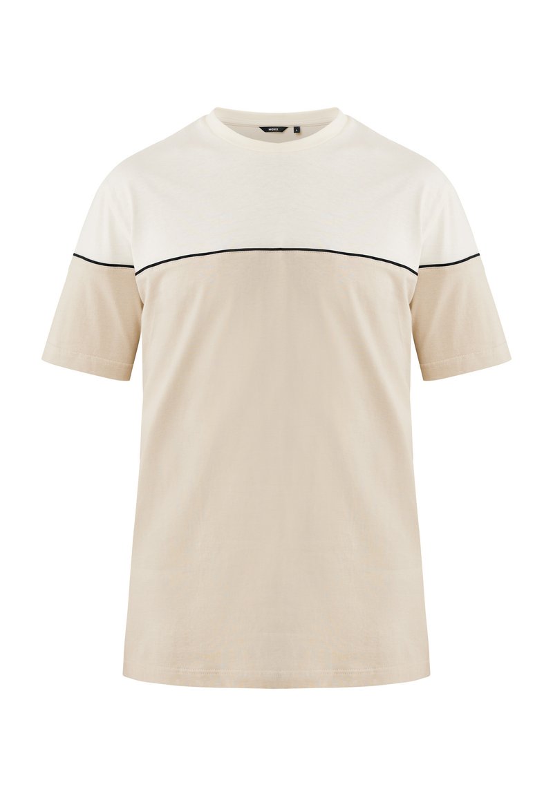 Beige T-Shirt aus Baumwolle mit rundem Halsauschnitt, kurzen Ärmeln und einem schwarzen horizontalen Streifen auf der oberen Brust.